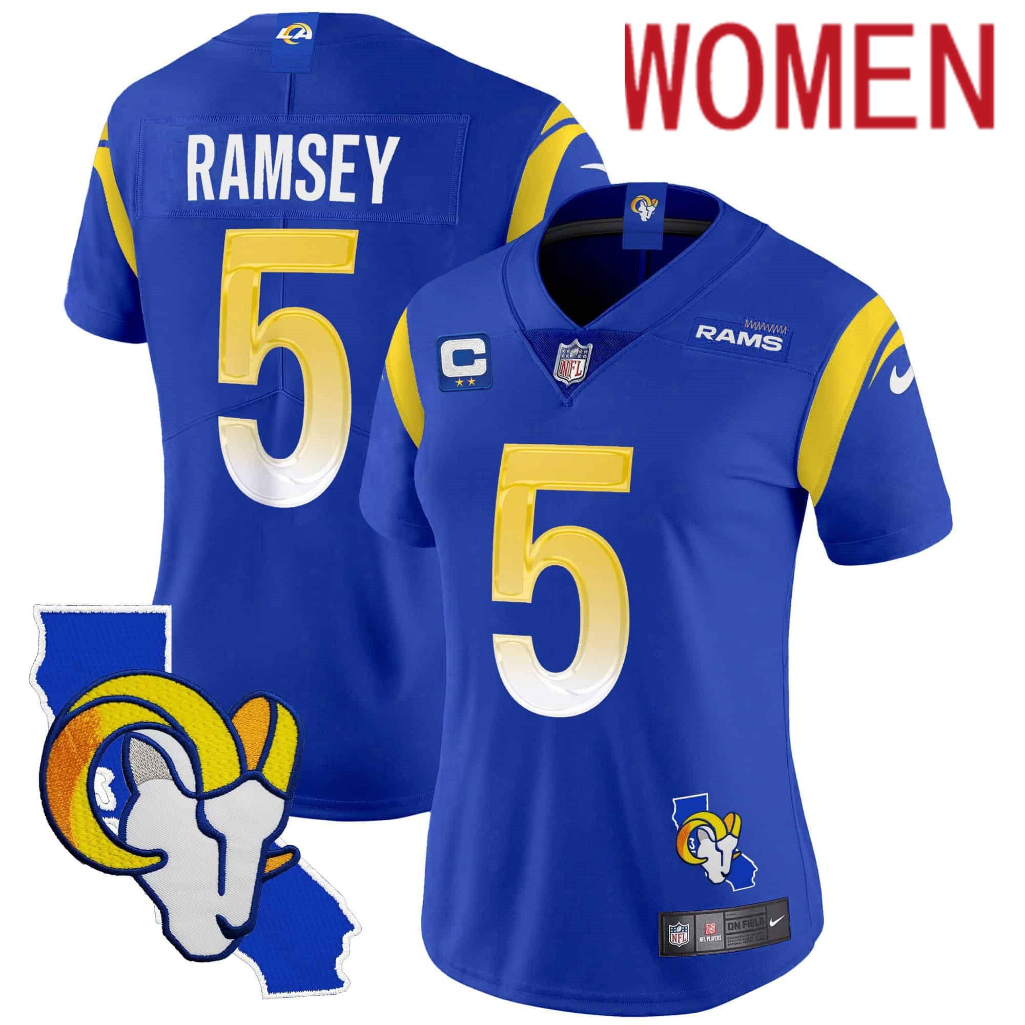 Women Los Angeles Rams #5 Ramsey Blue 2024 Nike California Patch Vapor Limited NFL Jersey style 1